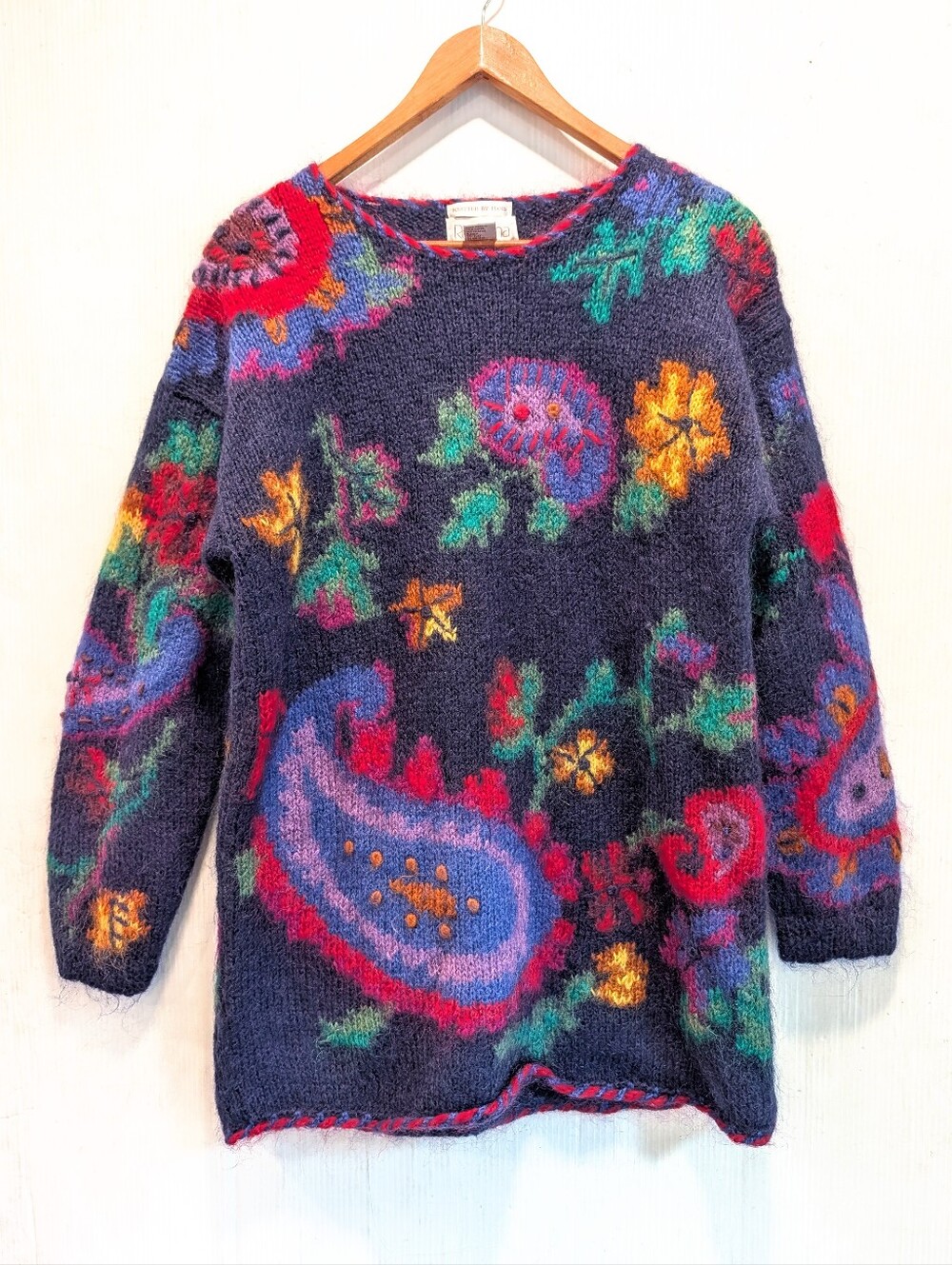 ROSANNA Hand Knitted Bohemian Navy Floral Paisley Mohair Crewneck Sweater Medium - Picture 1 of 11